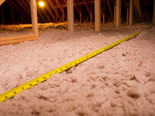 Blown-in cellulose insulation between attic joists with a measuring tape showing insulation depth