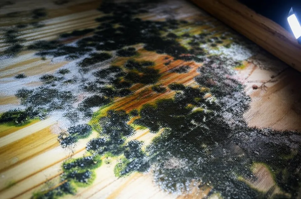 Close-up view of attic roof sheathing showing dark staining and mold growth near a roof vent with visible condensation
