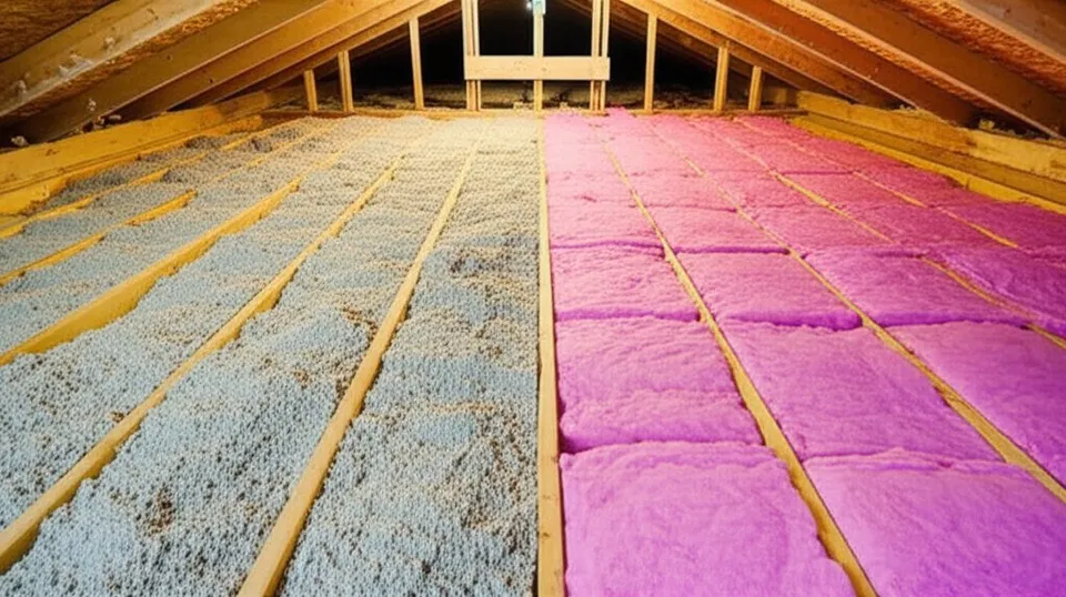 Side-by-side comparison of loose-fill blown-in cellulose insulation and pink fiberglass batt insulation installed in attic joist bays