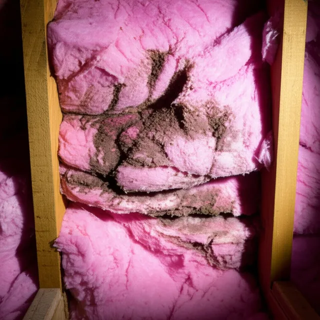 Damaged attic insulation showing rodent tunneling, displaced fiberglass batts, and visible contamination from prolonged infestation