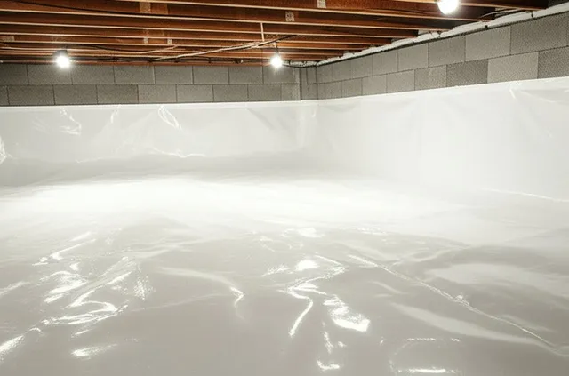 Heavy-duty white vapor barrier liner professionally installed across a crawl space floor and up foundation walls with sealed seams