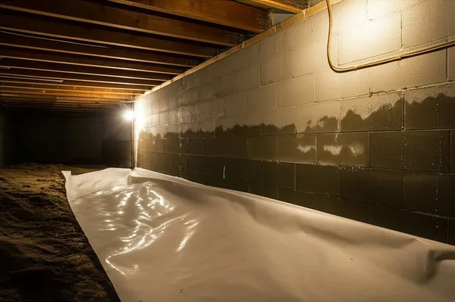 Crawl space with moisture condensation on concrete foundation walls and partial vapor barrier on the ground