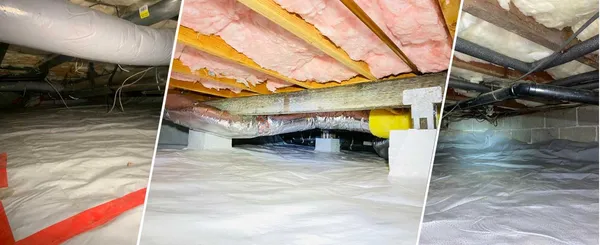 Crawl space with new vapor barrier installed over clean gravel