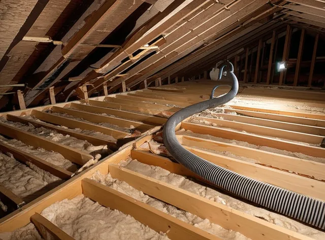 Homeowner wearing a respirator and headlamp inspecting attic insulation with a flashlight in a residential attic space