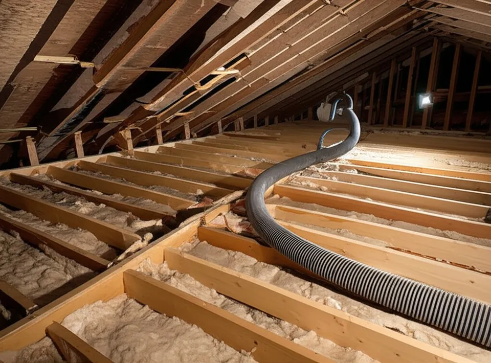 Homeowner wearing a respirator and headlamp inspecting attic insulation with a flashlight in a residential attic space