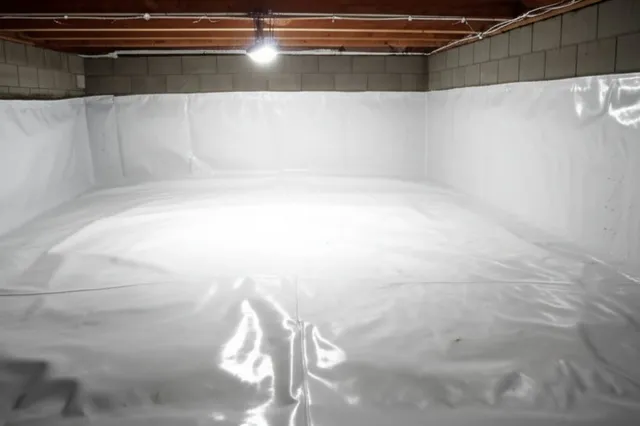 Heavy-duty white vapor barrier installed across a crawl space floor and up foundation walls during encapsulation