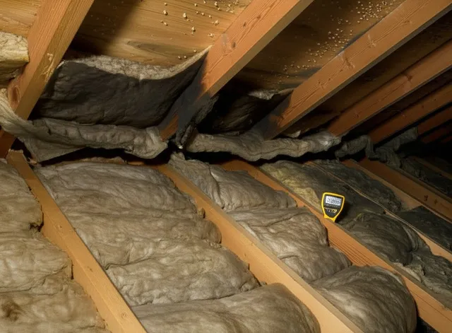 Moisture-damaged fiberglass insulation sagging between attic joists in a Puget Sound area home with visible condensation on roof sheathing