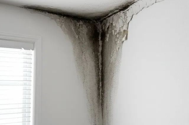 Water damage staining and mold growth spreading from a ceiling corner along white drywall