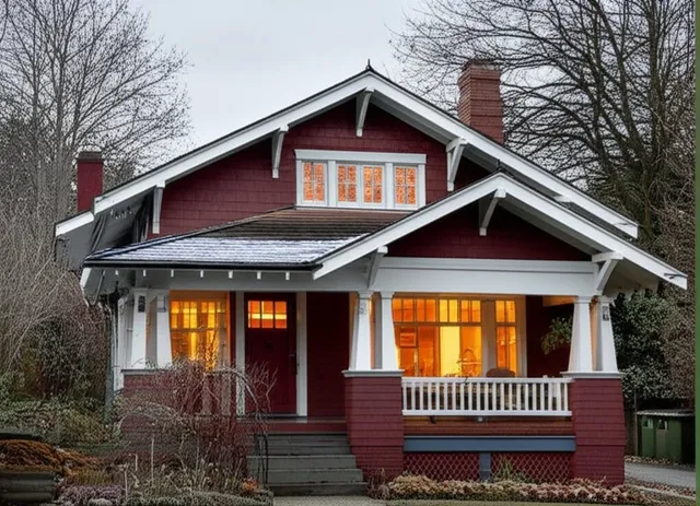 A classic 1950s Craftsman bungalow in a Seattle neighborhood with visible heat loss areas highlighted around the roofline and foundation