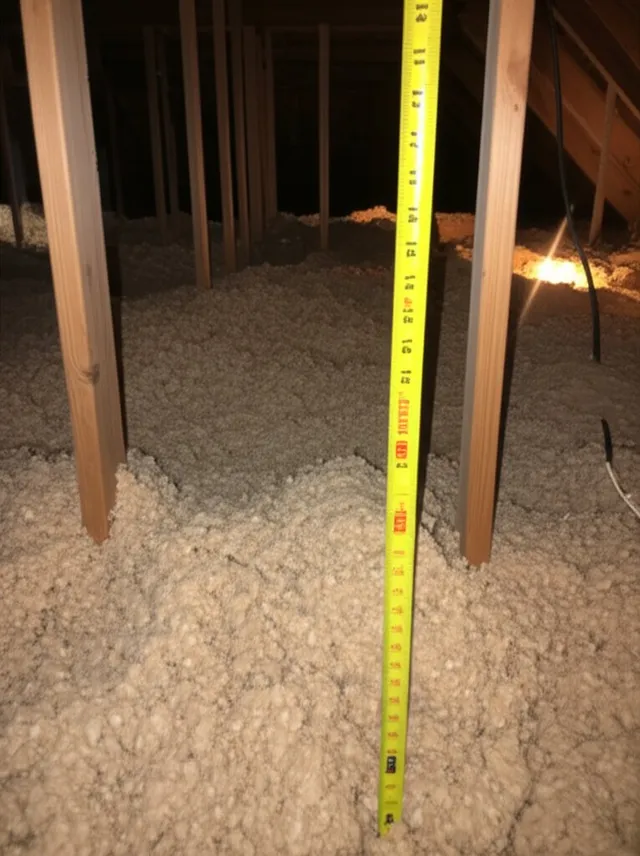 Insulation depth ruler measuring blown-in cellulose insulation between attic joists in a Seattle-area home