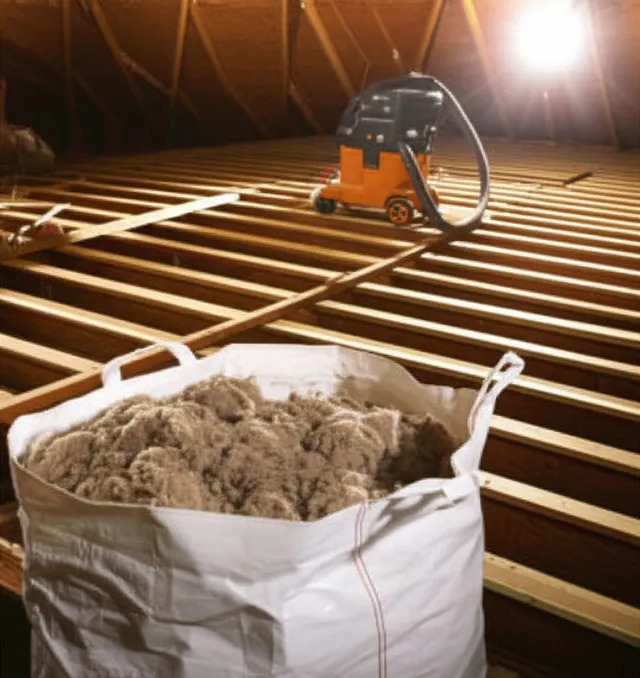 Damaged attic insulation with visible rodent tunneling and droppings scattered across fiberglass batts