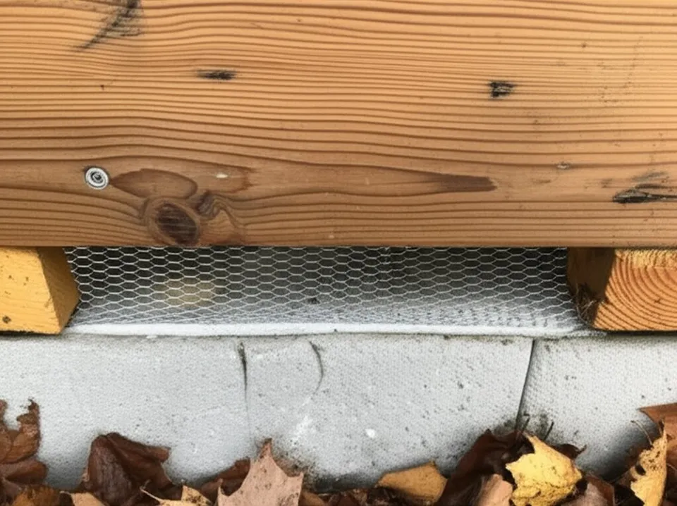Steel mesh being installed over a foundation vent opening to prevent rodent entry on a Snohomish County home