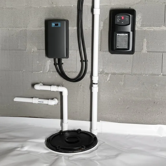 Sump pump basin installed in a crawl space with discharge line routed toward the exterior wall