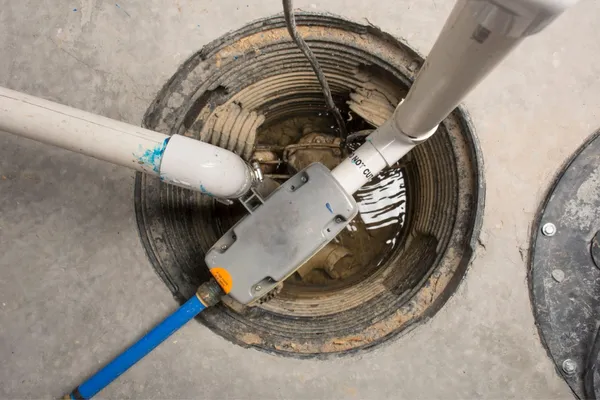 Sump pump installed in crawl space basin with discharge pipe