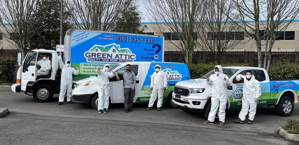 Green Attic crew and branded vehicles at the Mountlake Terrace office